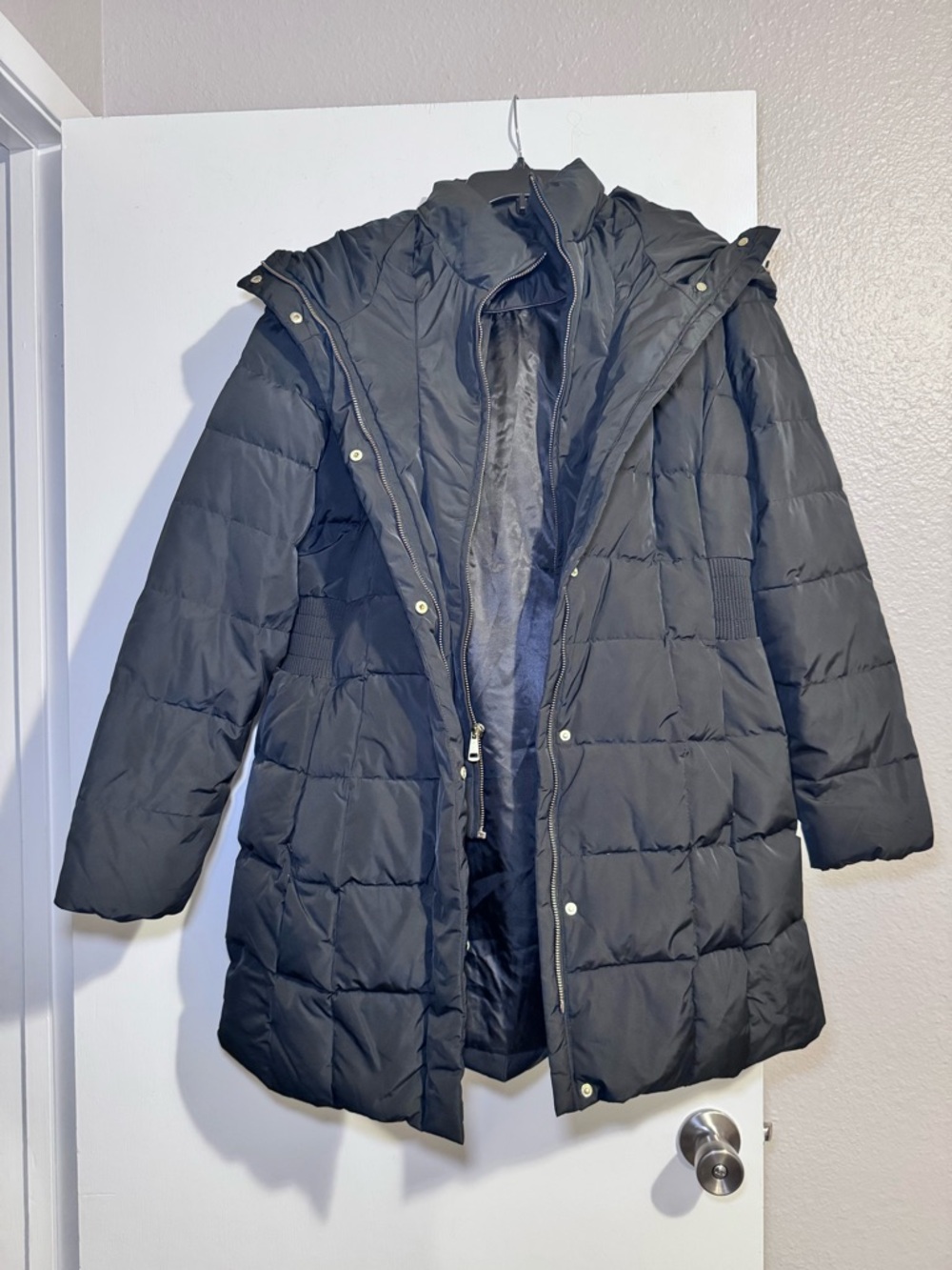 Cole Haan Black Quilted Mid-Length Puffer Coat with Hood